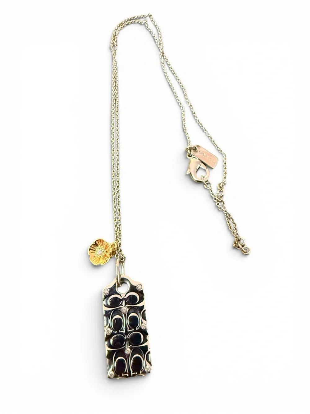 Coach Signature Tag Pendant Necklace Silver Tone Crystal Tea Rose Charm